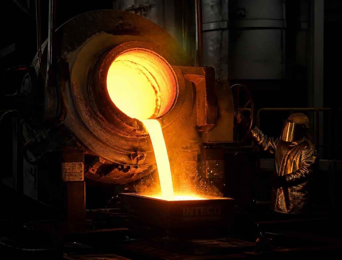 Molten superalloy poured from a vacuum induction melting furnace